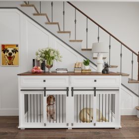 63'' Large Dog Crate Furniture for Double Dog, Wooden Dog Kennel with 2 Drawers,Divider and Sliding Door